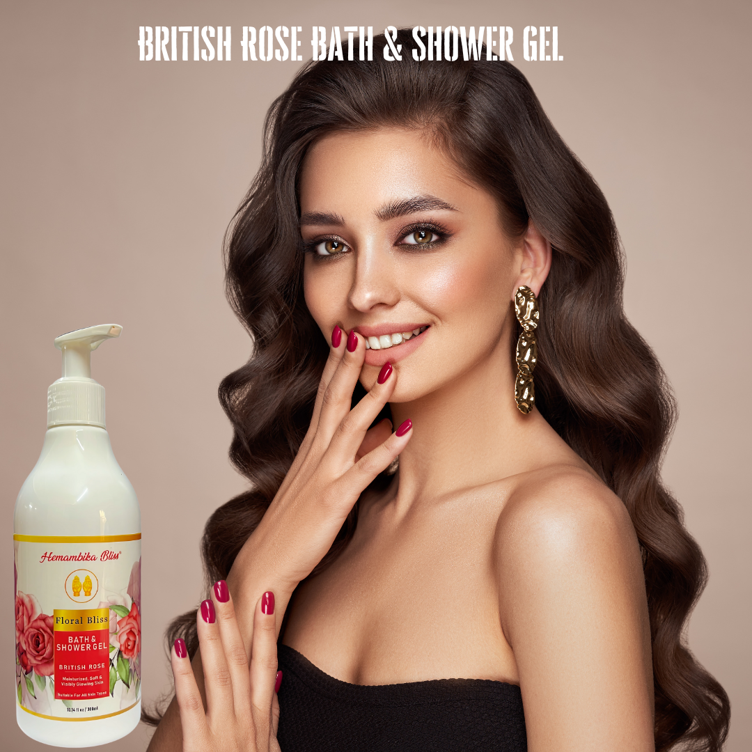 Hemambika Bliss® British Rose Bath & Shower Gel - Floral Bliss, Moisturized, Soft & Visibly Glowing Skin - Suitable for All Skin Types