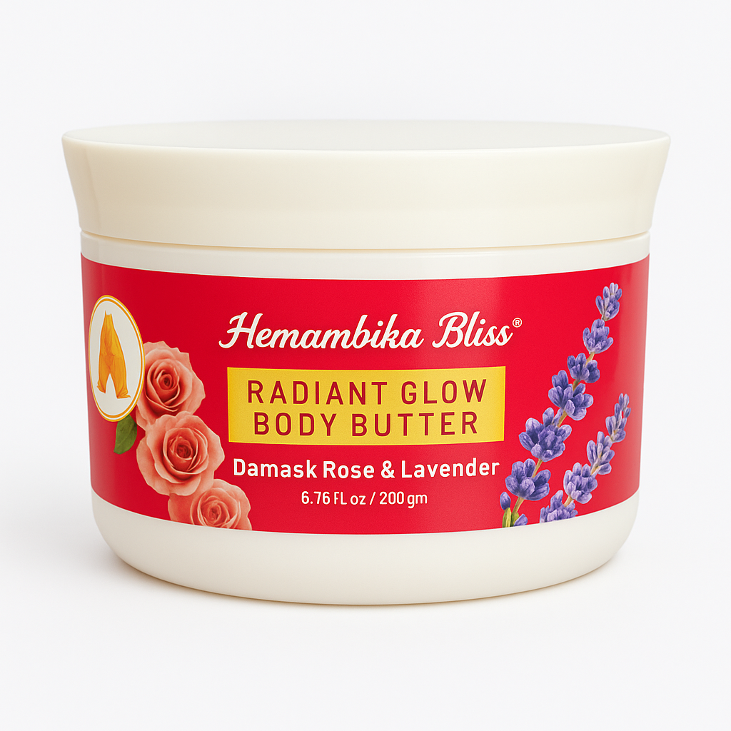 Hemambika Bliss® Radiant Glow Body Butter - Infused with Damask Roses & Lavender, Deep Moisture for Silky Smooth Skin