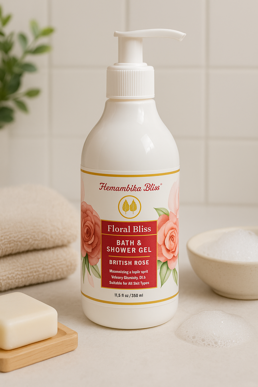 Hemambika Bliss® British Rose Bath & Shower Gel - Floral Bliss, Moisturized, Soft & Visibly Glowing Skin - Suitable for All Skin Types