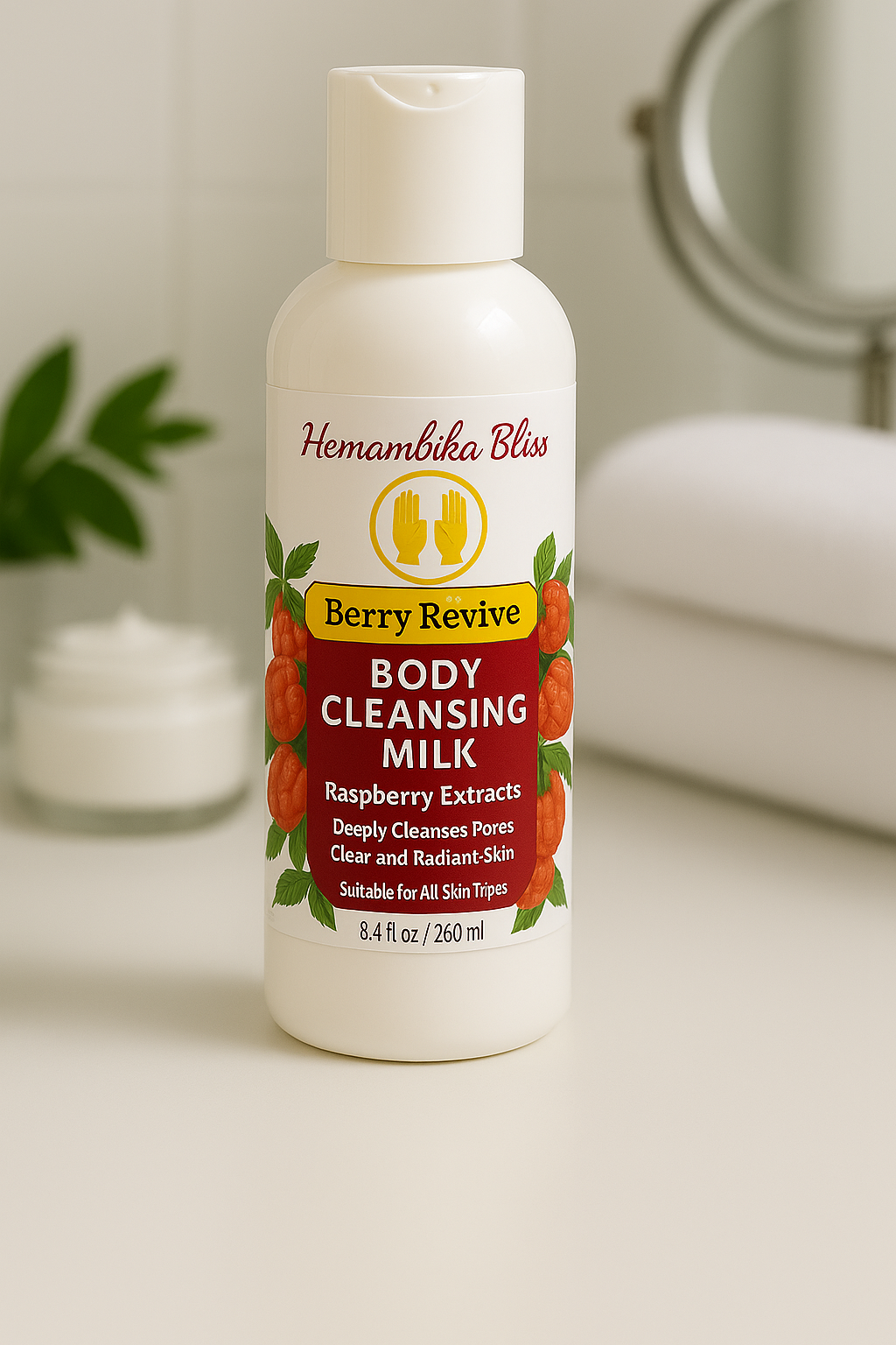 Hemambika Bliss® Berry Revive - Body Cleansing Milk - with Raspberry Extracts - Deeply Cleanses pores for Clear and Radiant Skin - Suitable for all skin types