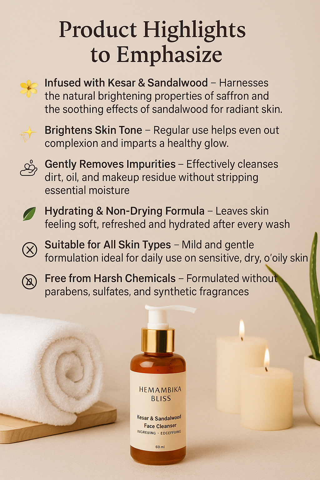 Hemambika Bliss® Face Cleanser with Kesar & Sandalwood - Brightens Skin Tone, Removes Dark Spots, Suitable for All Skin Types