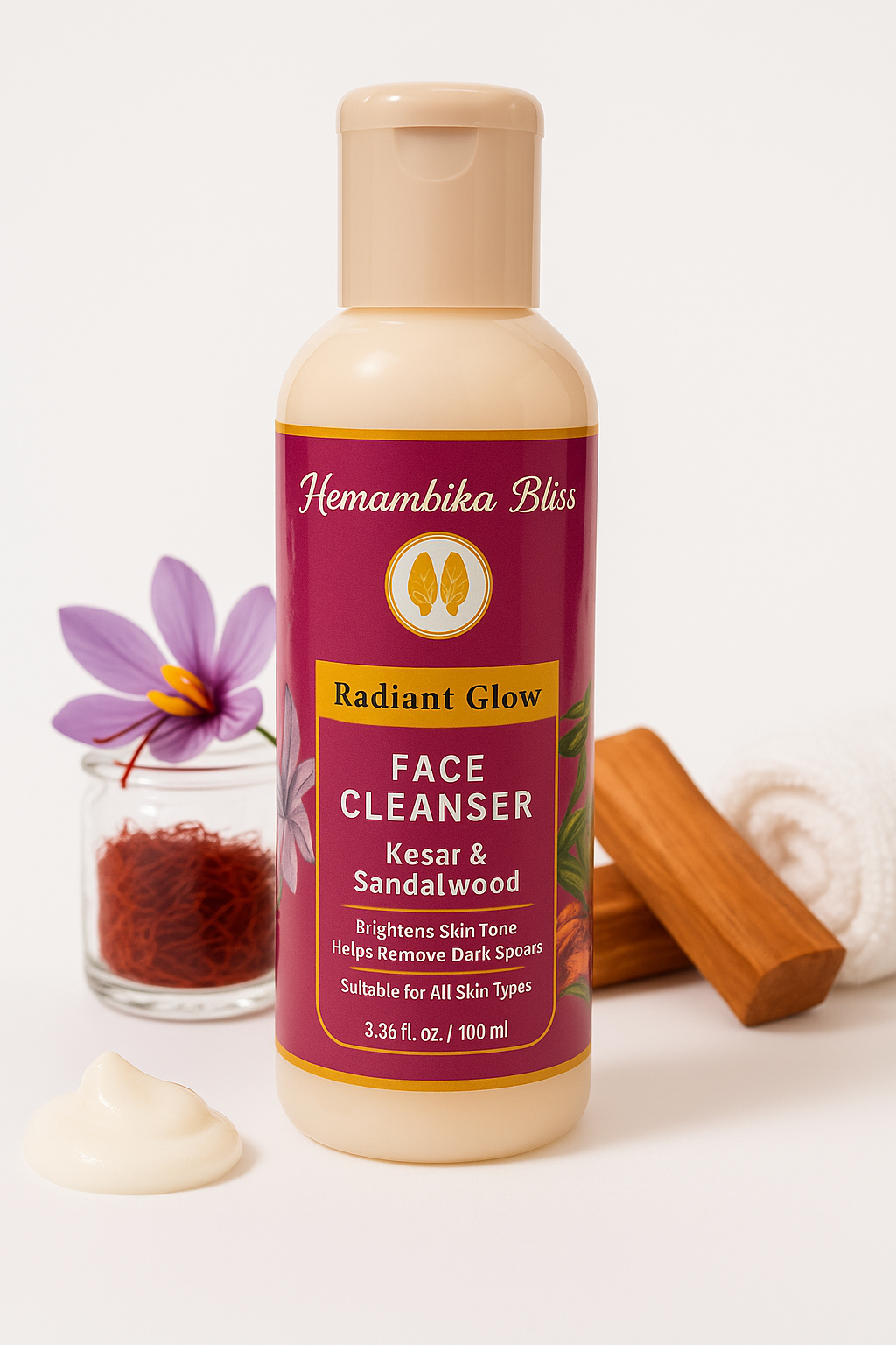 Hemambika Bliss® Face Cleanser with Kesar & Sandalwood - Brightens Skin Tone, Removes Dark Spots, Suitable for All Skin Types