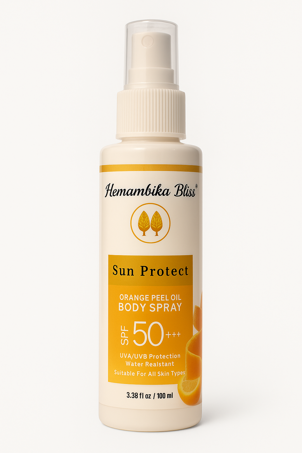 Hemambika Bliss® Orange Peel Body Spray, UVA/UVB Protection, Water Resistant, Suitable for All Skin Types