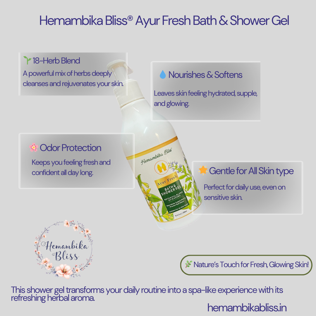 Hemambika Bliss® Ayur Fresh Bath & Shower Gel - Botanical Blend of 18 Herbs, Nourished & Supple Skin, Prevents Bad Odor - Suitable for All Skin Types