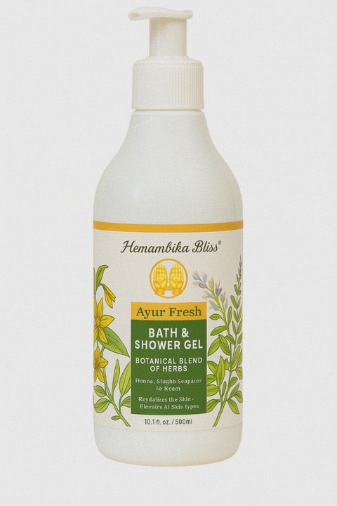 Hemambika Bliss® Ayur Fresh Bath & Shower Gel - Botanical Blend of 18 Herbs, Nourished & Supple Skin, Prevents Bad Odor - Suitable for All Skin Types